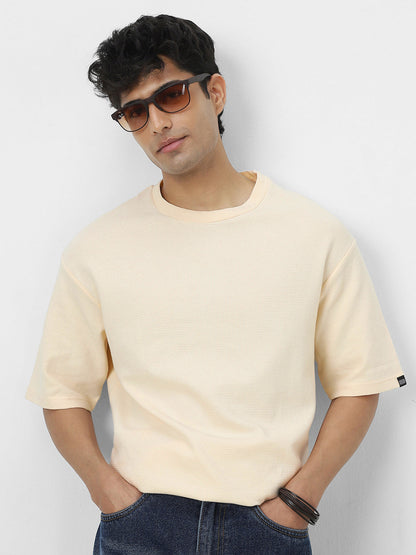 Men's Cloud Cream Textured Round Neck Oversized Half Sleeve Cotton T-Shirt