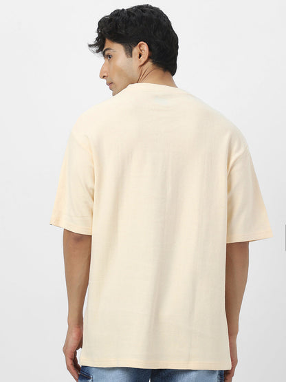 Men's Cloud Cream Textured Round Neck Oversized Half Sleeve Cotton T-Shirt