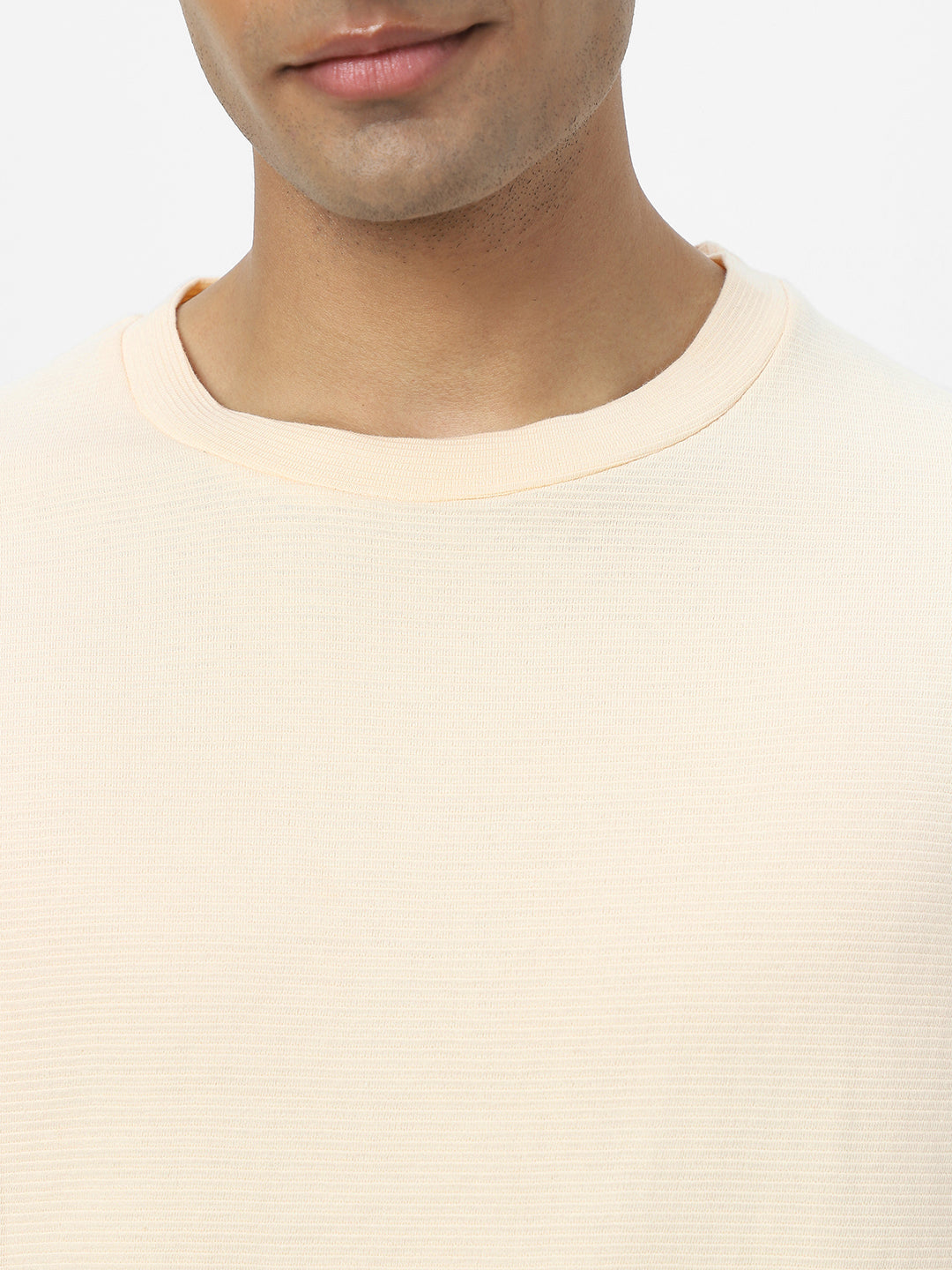 Men's Cloud Cream Textured Round Neck Oversized Half Sleeve Cotton T-Shirt