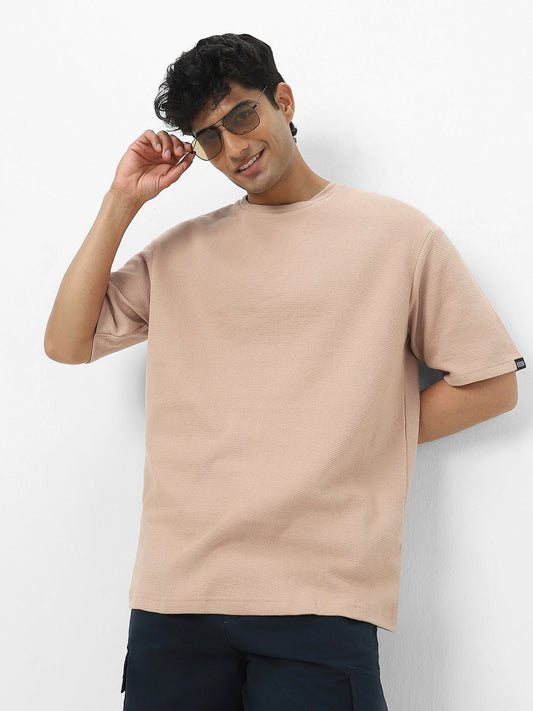 Men's Ginger Root Textured Round Neck Oversized Half Sleeve Cotton T-Shirt
