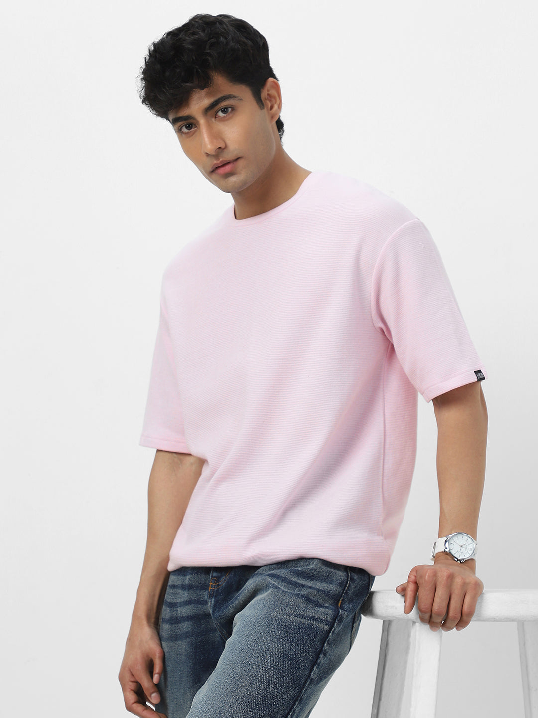 Men's Lavender Textured Round Neck Oversized Half Sleeve Cotton T-Shirt