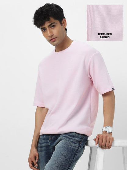 Men's Lavender Textured Round Neck Oversized Half Sleeve Cotton T-Shirt