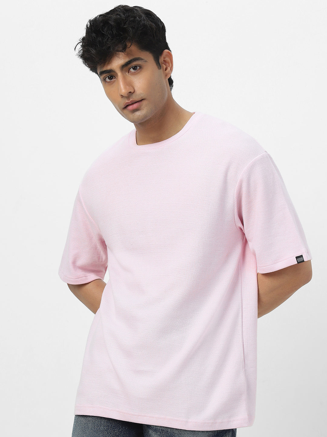 Men's Lavender Textured Round Neck Oversized Half Sleeve Cotton T-Shirt