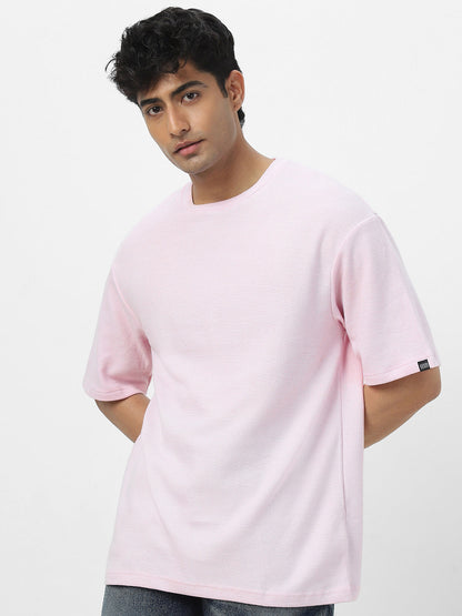 Men's Lavender Textured Round Neck Oversized Half Sleeve Cotton T-Shirt