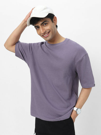 Men's Lilac Textured Round Neck Oversized Half Sleeve Cotton T-Shirt