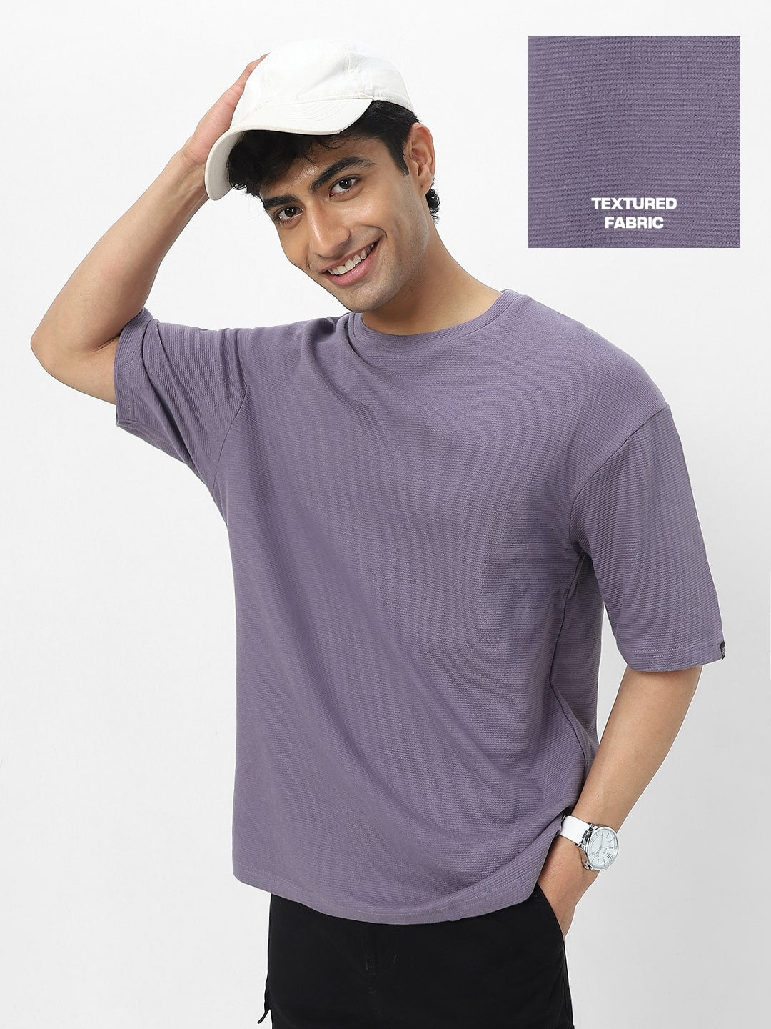 Men's Lilac Textured Round Neck Oversized Half Sleeve Cotton T-Shirt