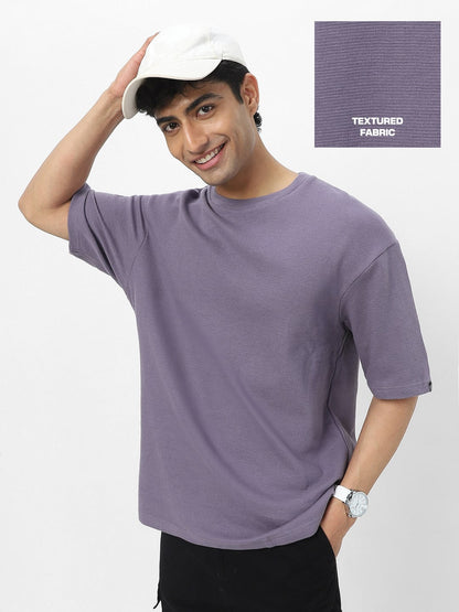 Men's Lilac Textured Round Neck Oversized Half Sleeve Cotton T-Shirt