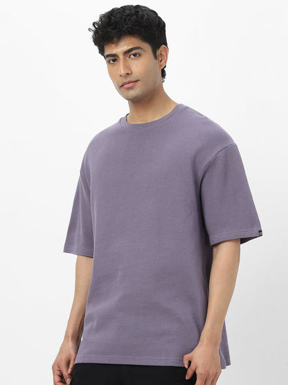 Men's Lilac Textured Round Neck Oversized Half Sleeve Cotton T-Shirt