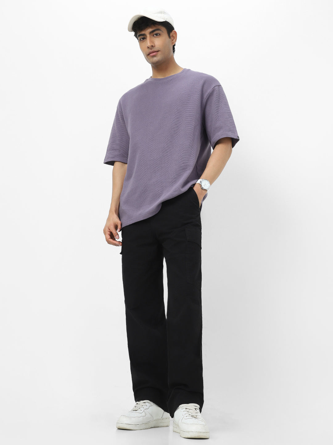 Men's Lilac Textured Round Neck Oversized Half Sleeve Cotton T-Shirt