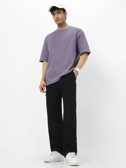 Men's Lilac Textured Round Neck Oversized Half Sleeve Cotton T-Shirt