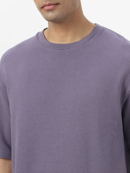 Men's Lilac Textured Round Neck Oversized Half Sleeve Cotton T-Shirt