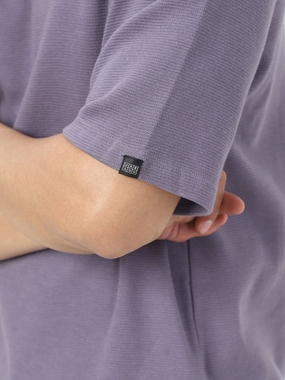 Men's Lilac Textured Round Neck Oversized Half Sleeve Cotton T-Shirt