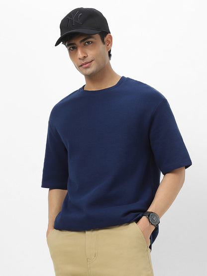 Men's Navy Textured Round Neck Oversized Half Sleeve Cotton T-Shirt
