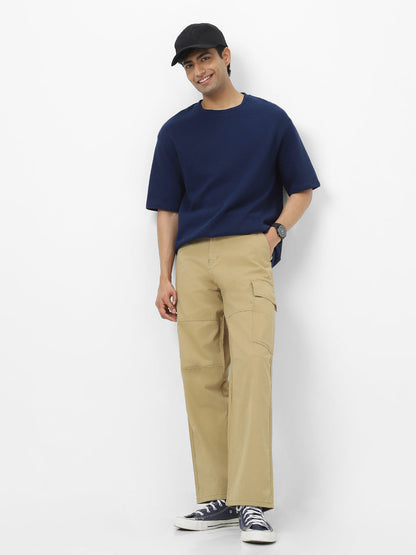 Men's Navy Textured Round Neck Oversized Half Sleeve Cotton T-Shirt