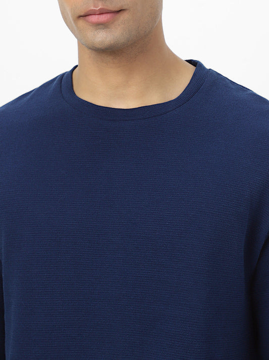 Men's Navy Textured Round Neck Oversized Half Sleeve Cotton T-Shirt