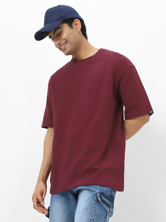 Men's Plum Textured Round Neck Oversized Half Sleeve Cotton T-Shirt