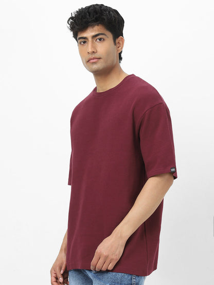 Men's Plum Textured Round Neck Oversized Half Sleeve Cotton T-Shirt