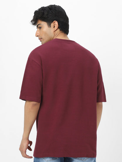 Men's Plum Textured Round Neck Oversized Half Sleeve Cotton T-Shirt