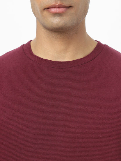 Men's Plum Textured Round Neck Oversized Half Sleeve Cotton T-Shirt
