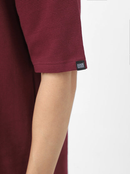 Men's Plum Textured Round Neck Oversized Half Sleeve Cotton T-Shirt