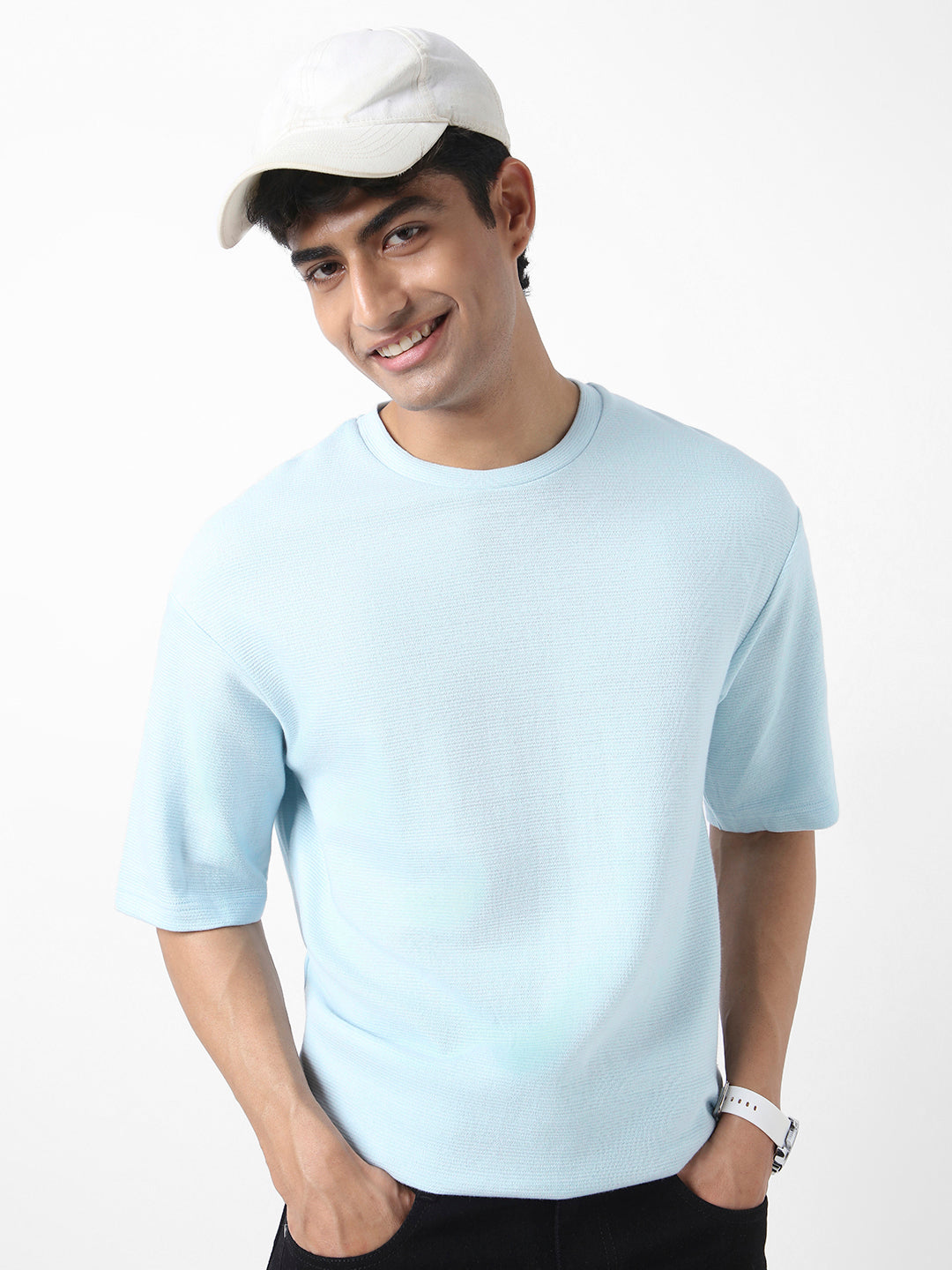 Men's Pastel Blue Textured Round Neck Oversized Half Sleeve Cotton T-Shirt