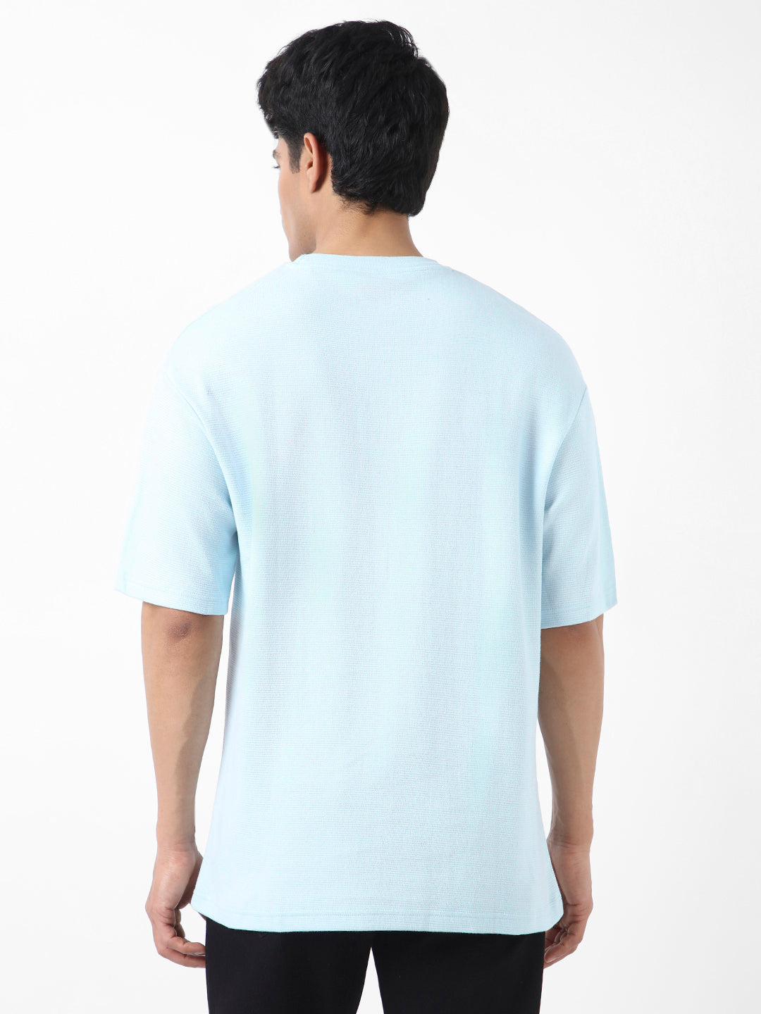 Men's Pastel Blue Textured Round Neck Oversized Half Sleeve Cotton T-Shirt