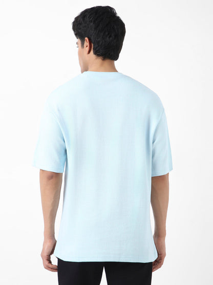 Men's Pastel Blue Textured Round Neck Oversized Half Sleeve Cotton T-Shirt