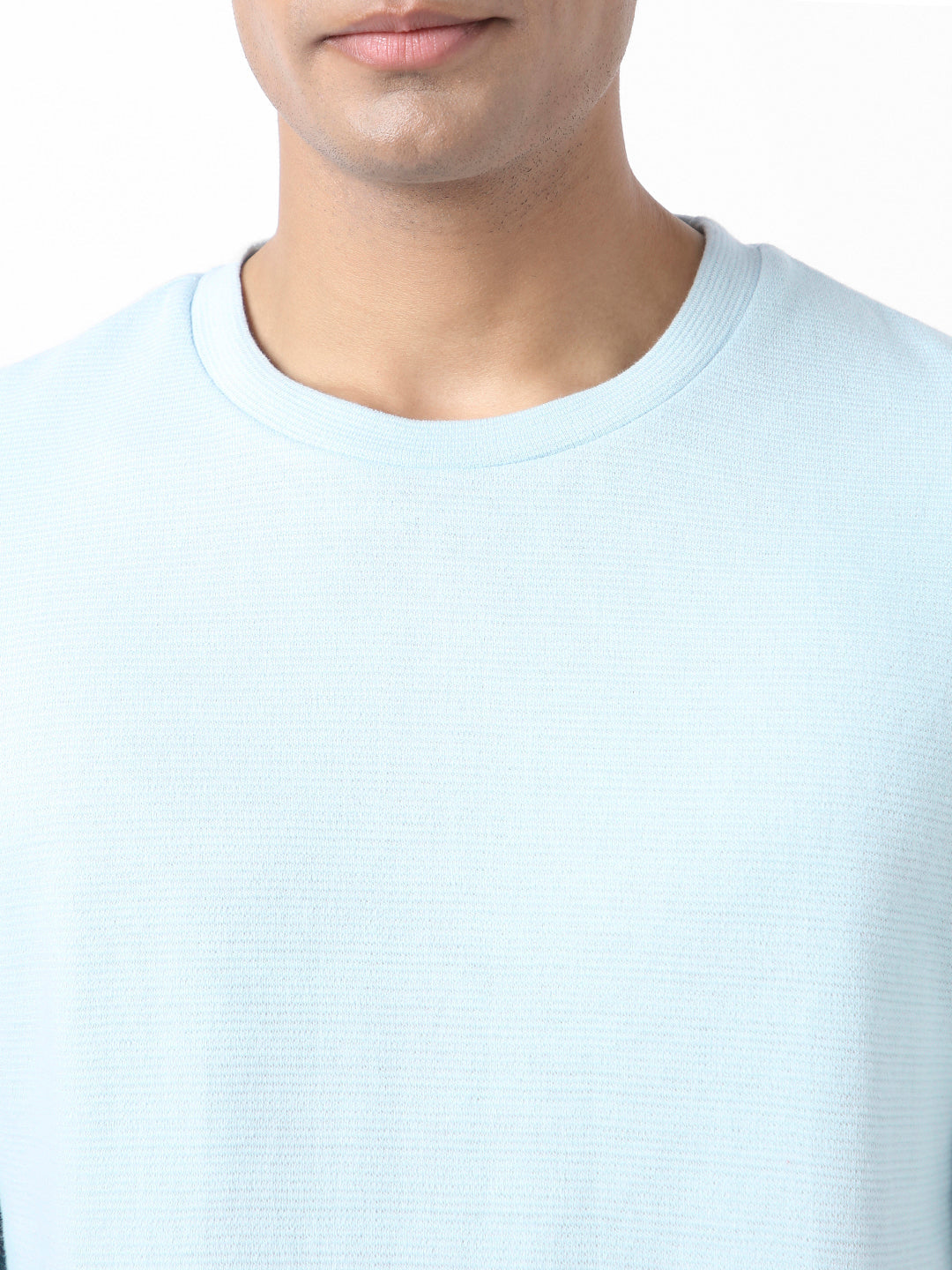 Men's Pastel Blue Textured Round Neck Oversized Half Sleeve Cotton T-Shirt