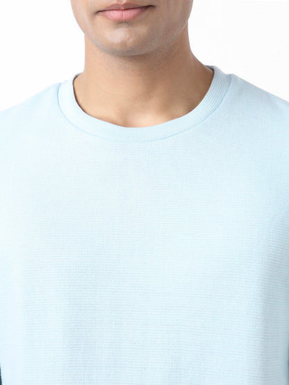 Men's Pastel Blue Textured Round Neck Oversized Half Sleeve Cotton T-Shirt