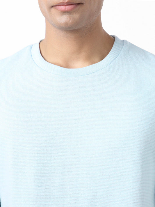 Men's Pastel Blue Textured Round Neck Oversized Half Sleeve Cotton T-Shirt