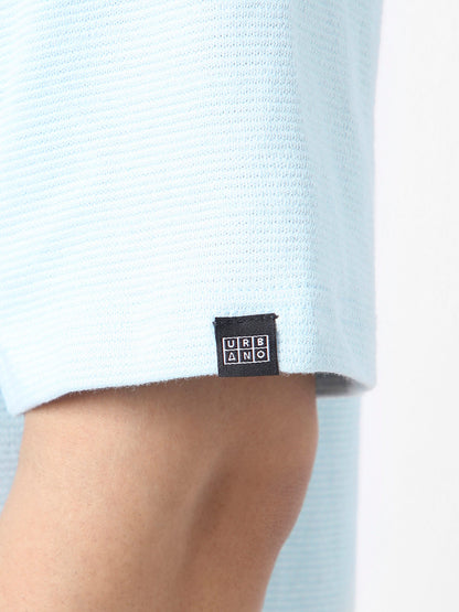 Men's Pastel Blue Textured Round Neck Oversized Half Sleeve Cotton T-Shirt