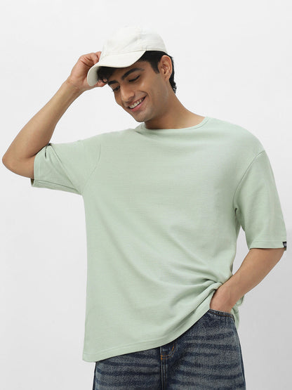 Men's Pastel Green Textured Round Neck Oversized Half Sleeve Cotton T-Shirt