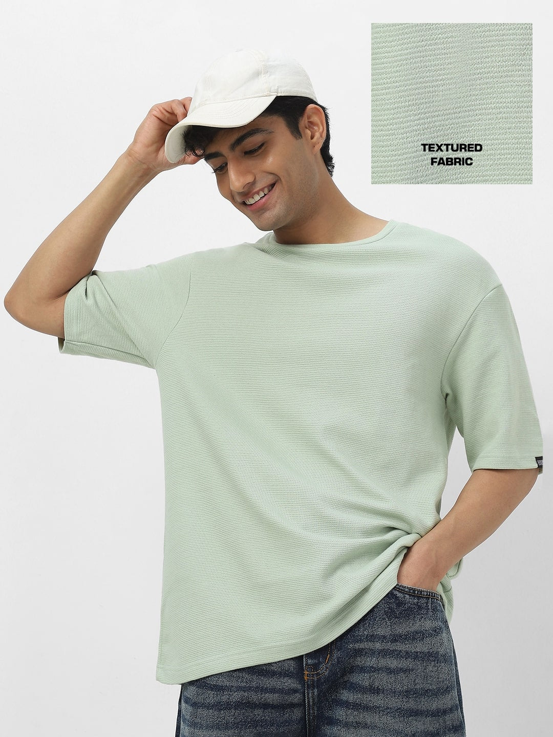 Men's Pastel Green Textured Round Neck Oversized Half Sleeve Cotton T-Shirt