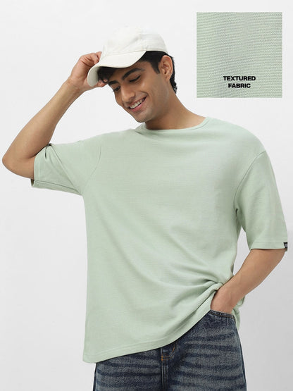 Men's Pastel Green Textured Round Neck Oversized Half Sleeve Cotton T-Shirt