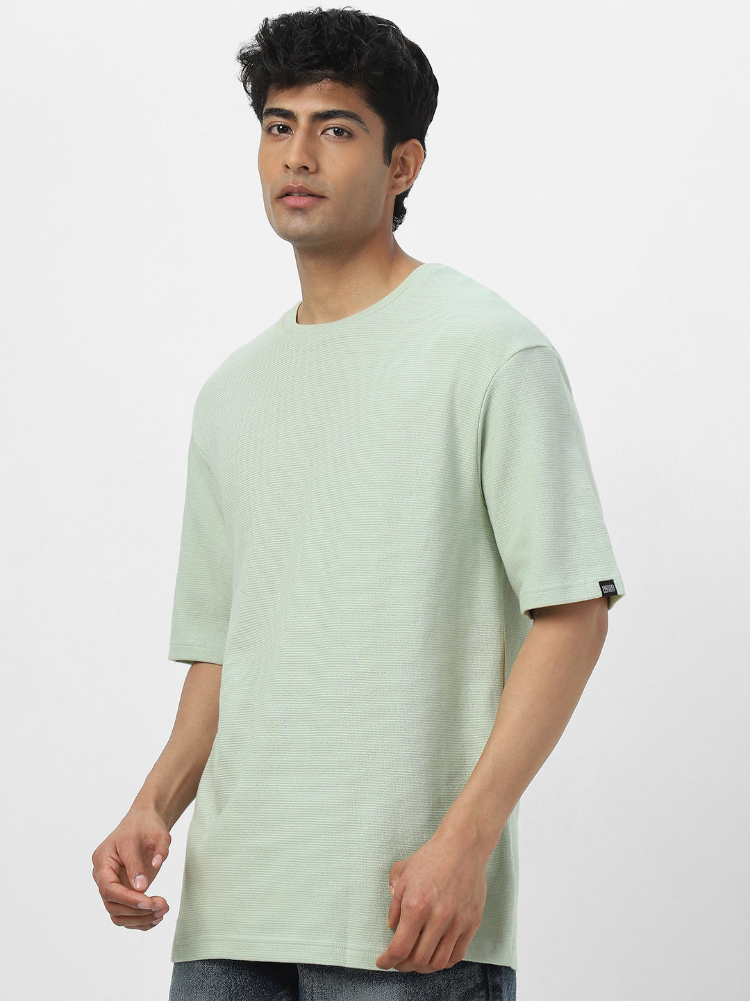 Men's Pastel Green Textured Round Neck Oversized Half Sleeve Cotton T-Shirt