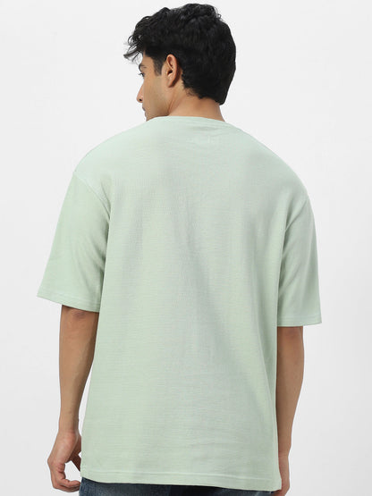 Men's Pastel Green Textured Round Neck Oversized Half Sleeve Cotton T-Shirt