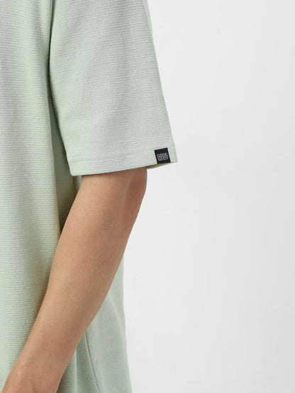 Men's Pastel Green Textured Round Neck Oversized Half Sleeve Cotton T-Shirt