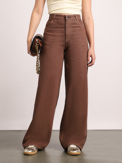 Women's Brown High Rise Loose Baggy Fit Washed Jeans Non-Stretchable