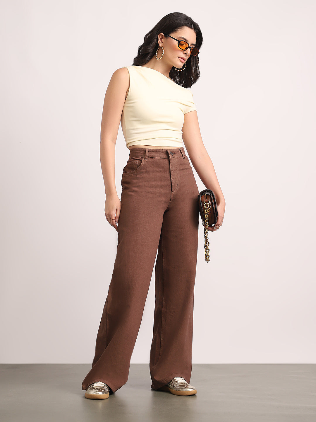 Women's Brown High Rise Loose Baggy Fit Washed Jeans Non-Stretchable