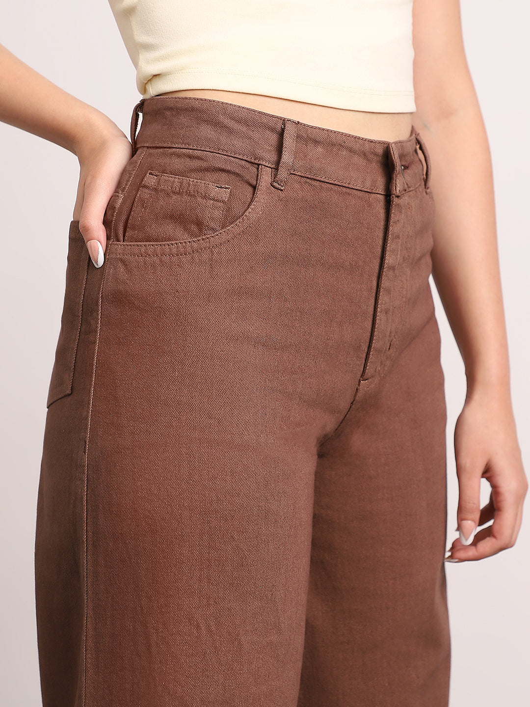 Women's Brown High Rise Loose Baggy Fit Washed Jeans Non-Stretchable