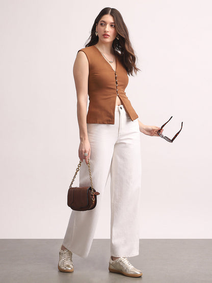 Women's White High Rise Loose Baggy Fit Washed Jeans Non-Stretchable