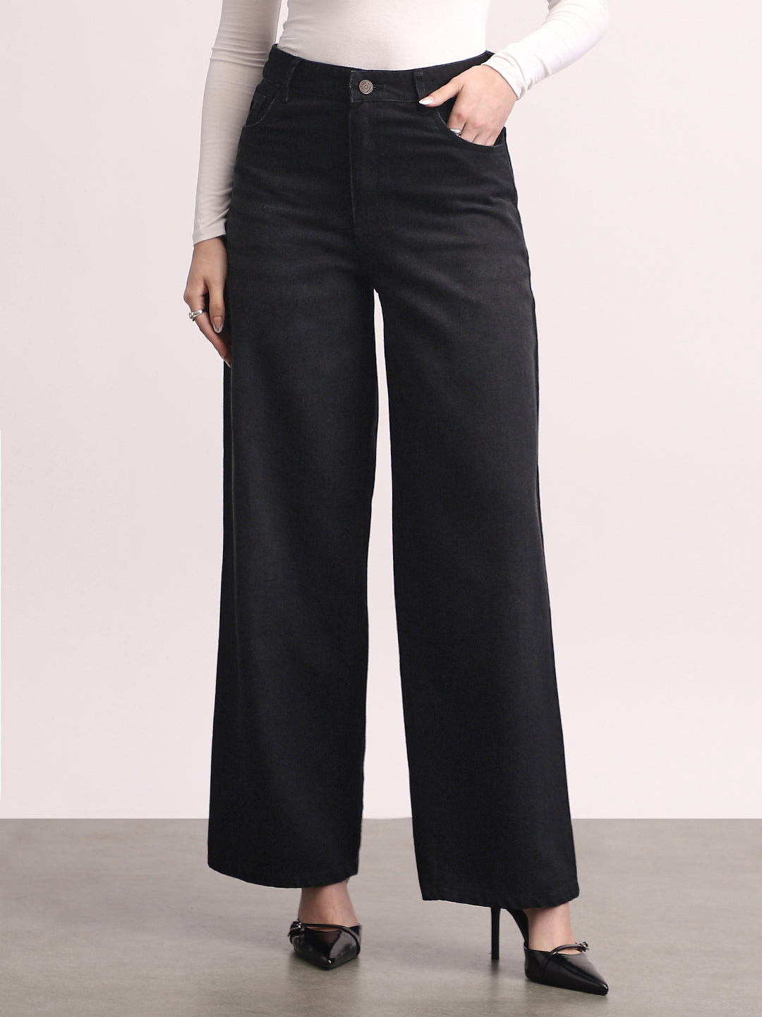 Women's Black High Rise Loose Baggy Fit Washed Jeans Non-Stretchable