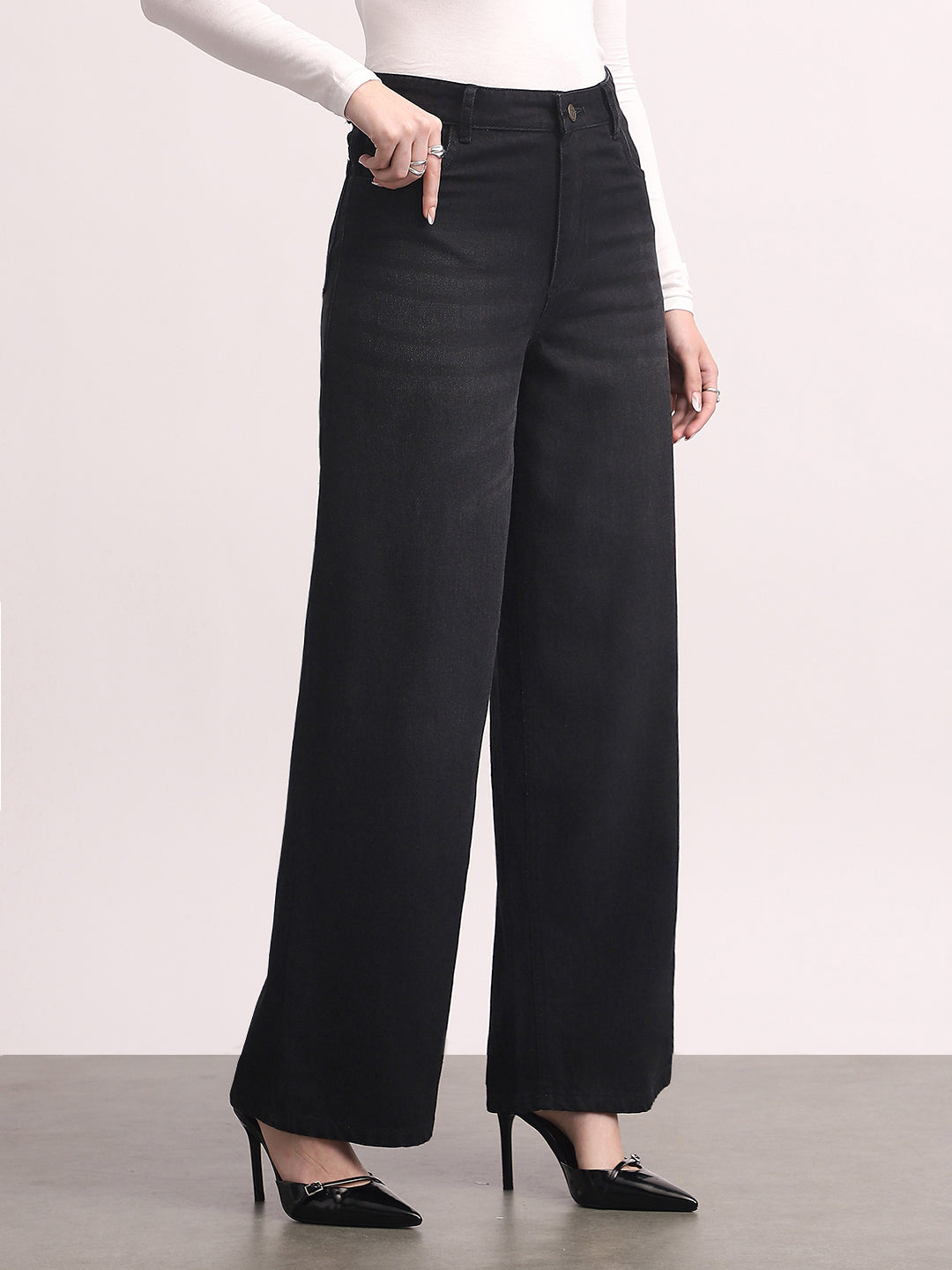 Women's Black High Rise Loose Baggy Fit Washed Jeans Non-Stretchable