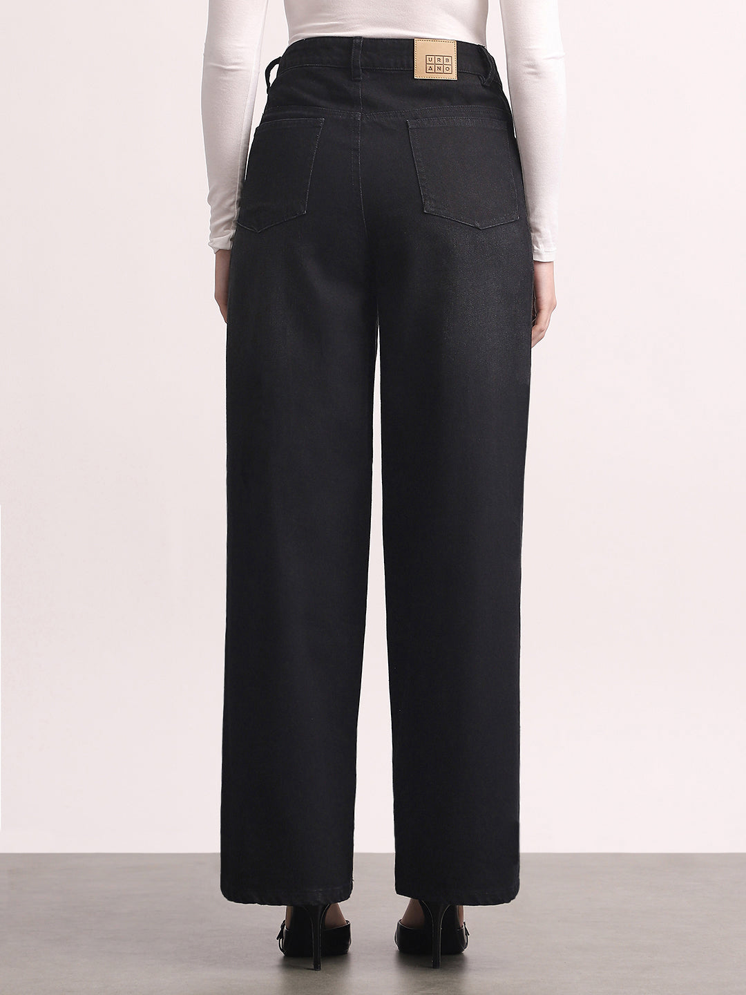 Women's Black High Rise Loose Baggy Fit Washed Jeans Non-Stretchable