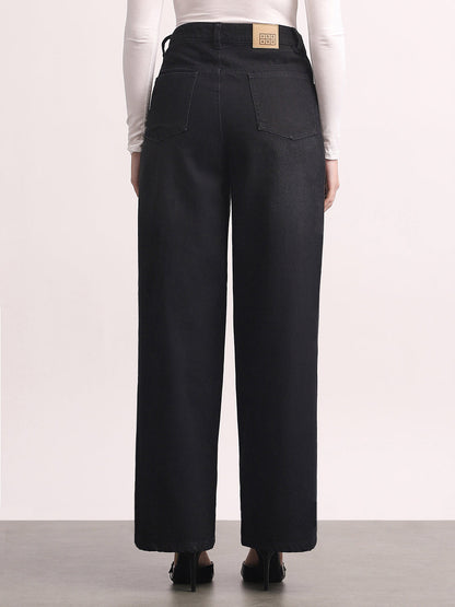 Women's Black High Rise Loose Baggy Fit Washed Jeans Non-Stretchable