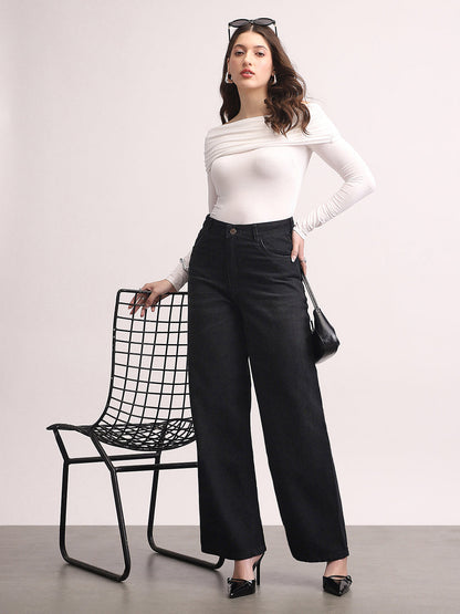 Women's Black High Rise Loose Baggy Fit Washed Jeans Non-Stretchable