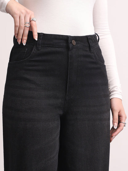 Women's Black High Rise Loose Baggy Fit Washed Jeans Non-Stretchable