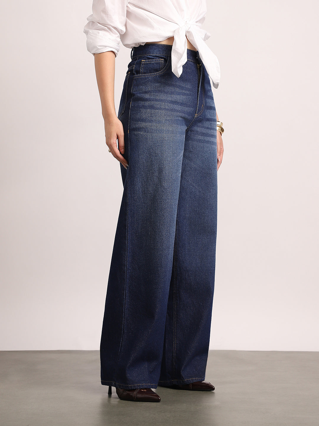 Women's Dark Blue High Rise Loose Baggy Fit Washed Jeans Non-Stretchable