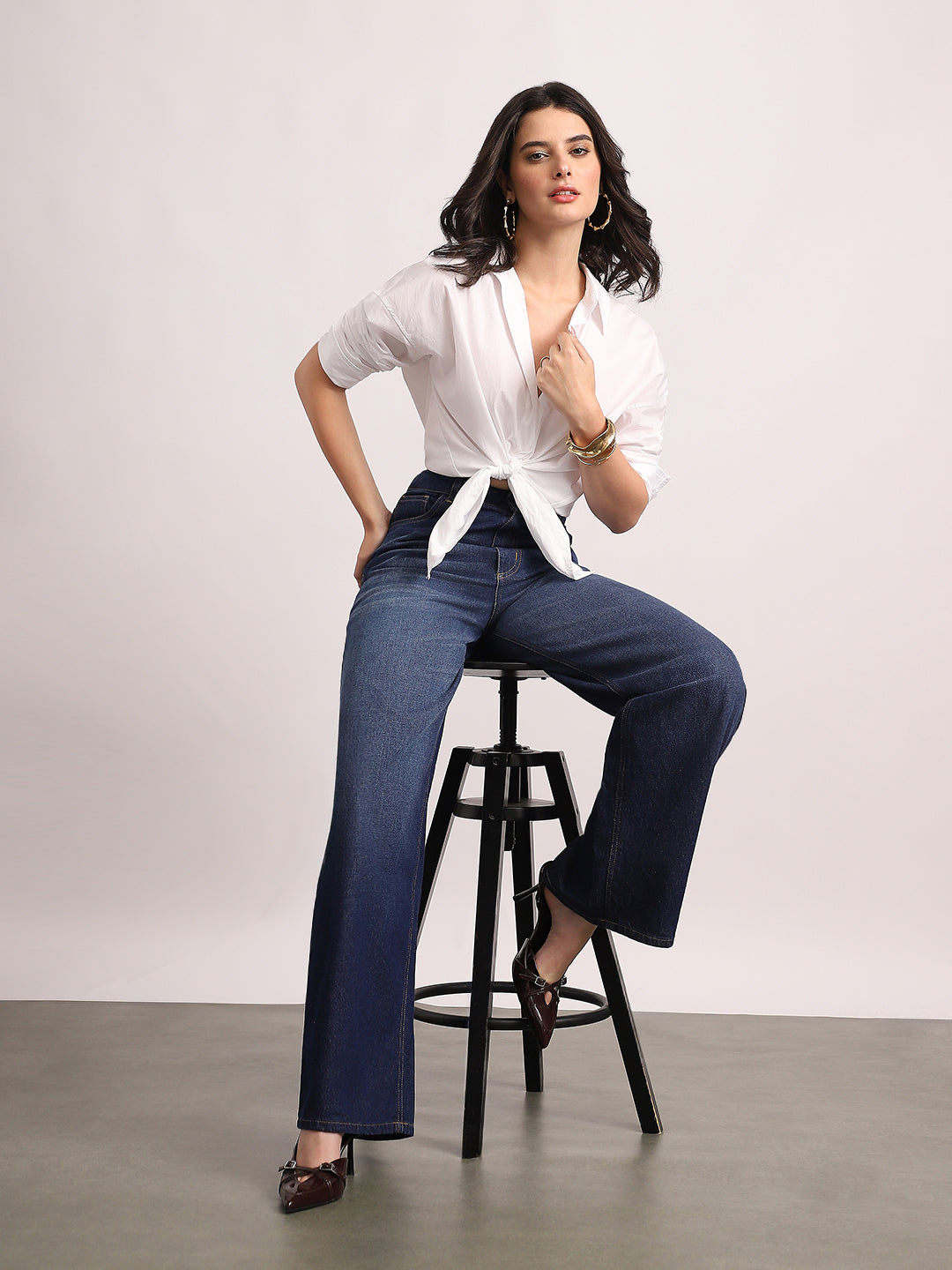 Women's Dark Blue High Rise Loose Baggy Fit Washed Jeans Non-Stretchable