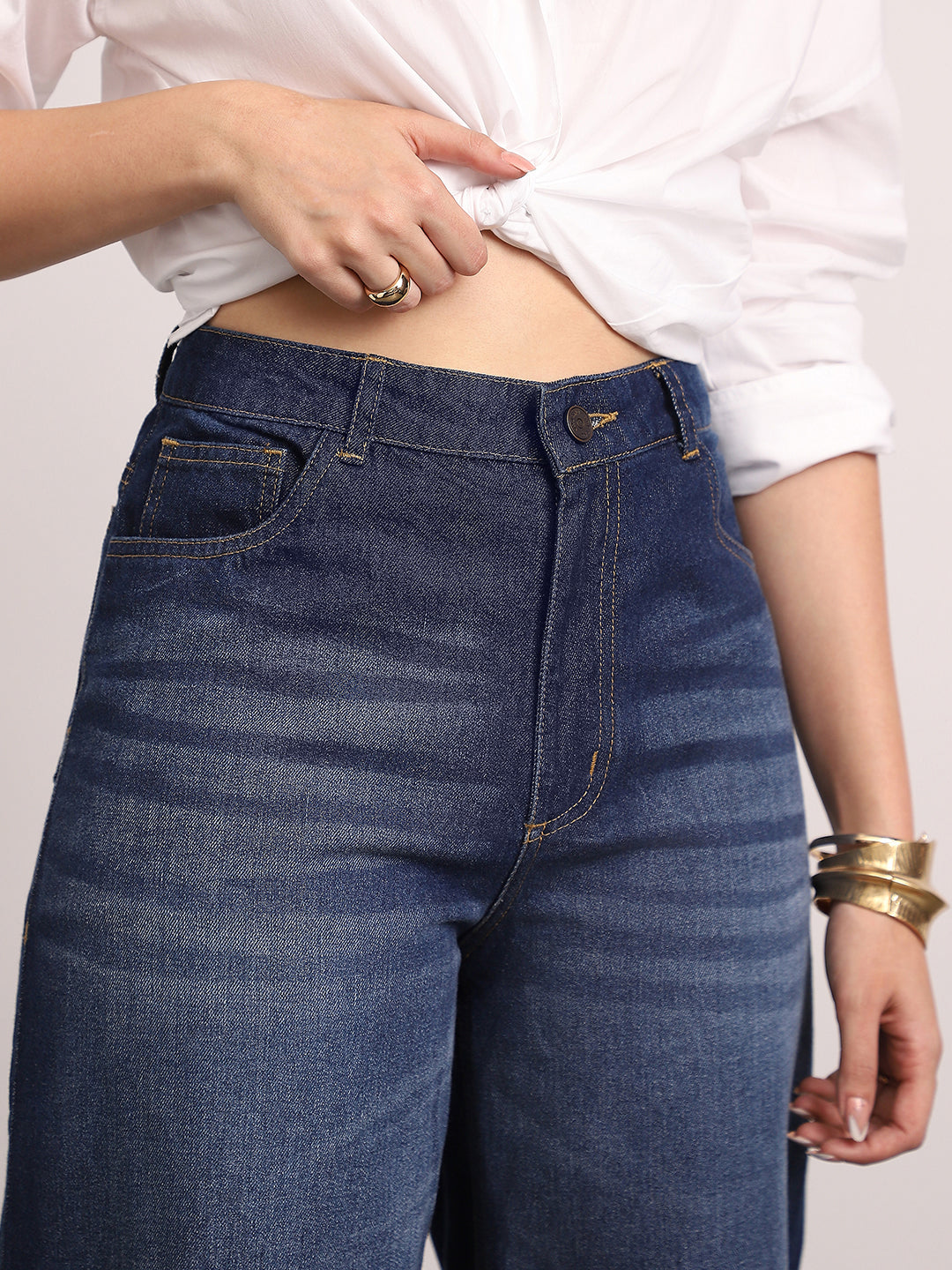 Women's Dark Blue High Rise Loose Baggy Fit Washed Jeans Non-Stretchable